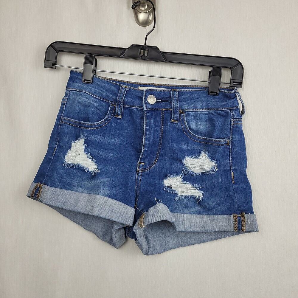 Pacsun Womens Blue Super Stretch Shortie Distressed Denim Cuffed Shorts Size 24